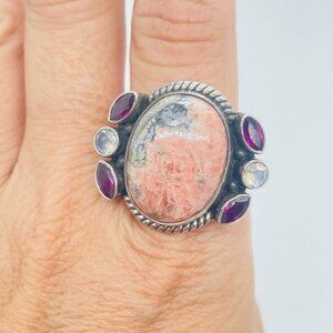 Artisan Rhodonite Garnet Moonstone Ring Size 9 Sterling Silver Bezel Set Stones